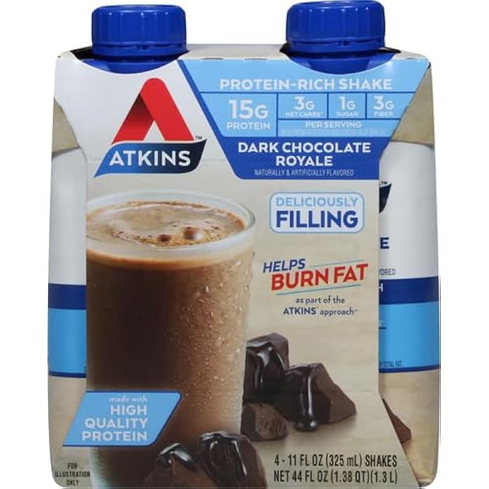 Atkins شيك بروتين شوكولاتة داكنة رويال من أتكينز. غني وكريمي مع بروتين. مناسب للكيتو وخالي من الغلوتين. (4 شيكات)، 11 أونصة سائلة - Image 2