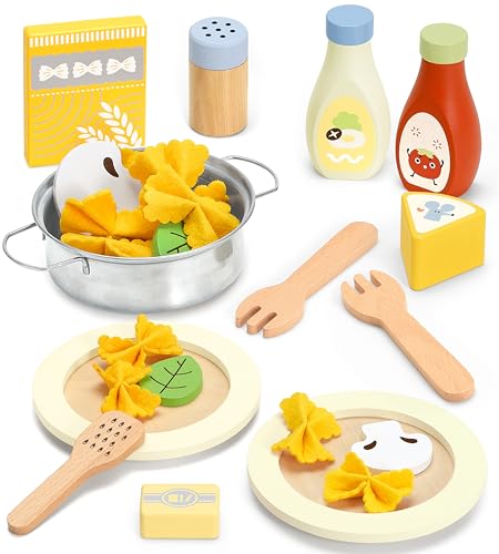 Pillowhale Pasta Food Toys Wooden Play Kitchen Food Play Food with Pots and Pans Playset Kids Pretend Play Kitchen Accessories Toys Set for Girls Boys 3Years Old - Image 1