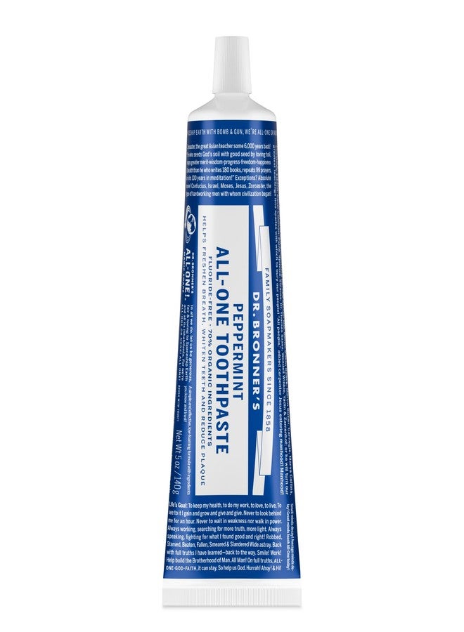 Dr. Bronner's Dr. Bronner’s All-One Toothpaste – Peppermint, 5 oz, 1-Pack – Fluoride-Free Toothpaste for Adults, SLS-Free, 70% Organic & Natural Ingredients, Vegan, Helps Freshen Breath, Reduce Plaque, Whiten Teeth - Image 1