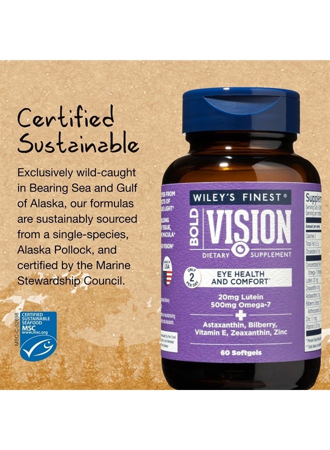Wiley's Finest Wild Alaskan Fish Oil Bold Vision - Fish Oil Eye Health Supplement with Lutein, Zeaxanthin, Bilberry, Omega-7, Vitamin E, and Zinc - 60 Softgels (30 Servings) - Image 3