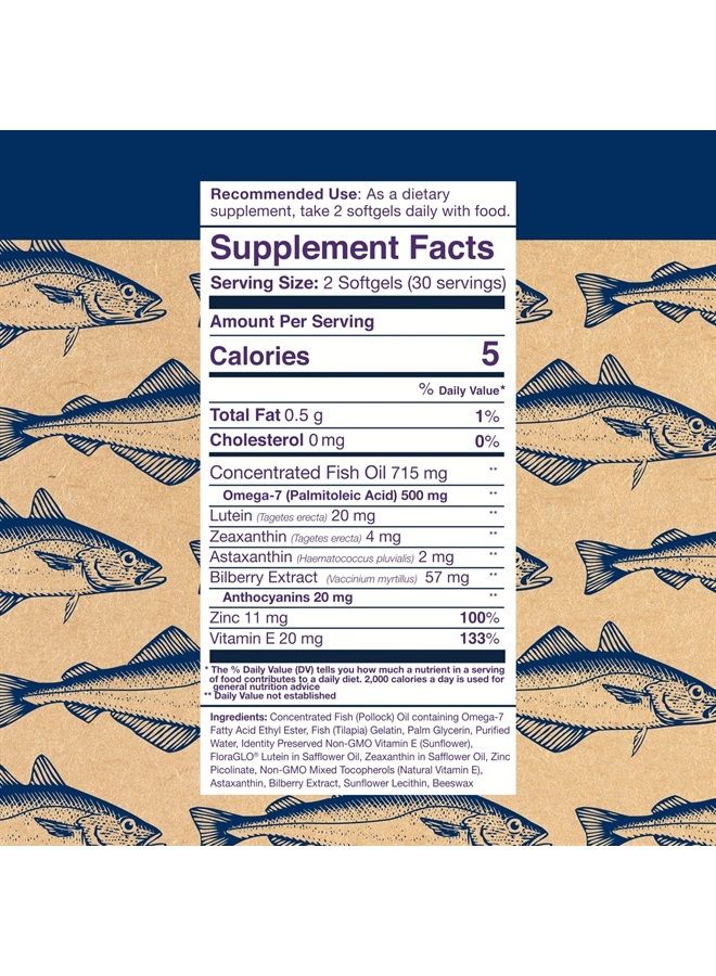 Wiley's Finest Wild Alaskan Fish Oil Bold Vision - Fish Oil Eye Health Supplement with Lutein, Zeaxanthin, Bilberry, Omega-7, Vitamin E, and Zinc - 60 Softgels (30 Servings) - Image 1
