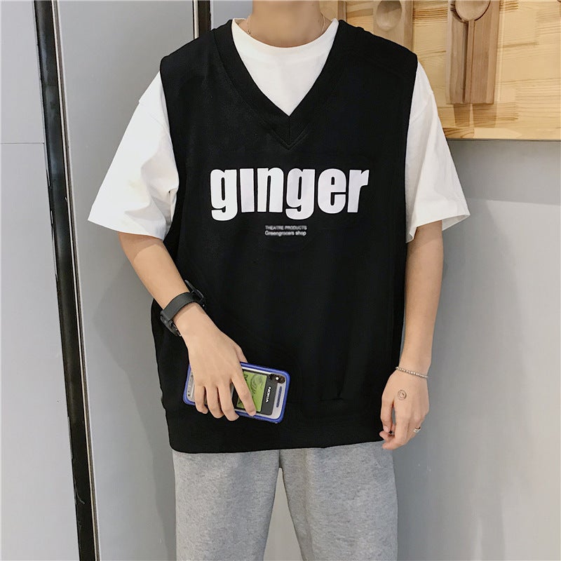 Ins Hong Kong Style Fake Two-Piece Contrast Color Short-Sleeved T-Shirt Men'S Summer Bf Fashionable Loose Student Fashion Brand Half-Sleeved Top - Image 5
