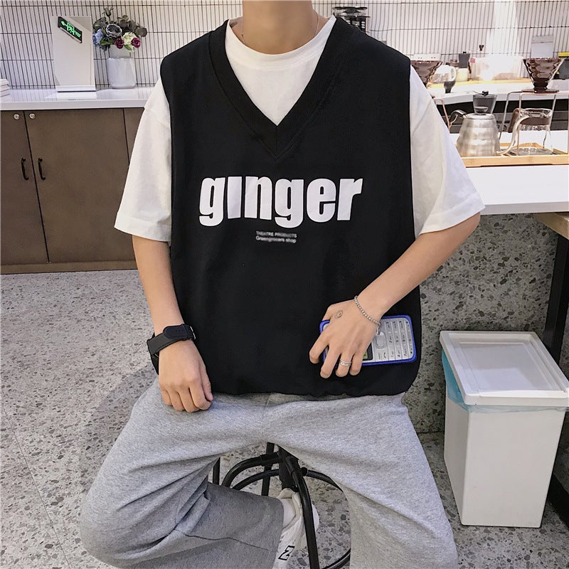 Ins Hong Kong Style Fake Two-Piece Contrast Color Short-Sleeved T-Shirt Men'S Summer Bf Fashionable Loose Student Fashion Brand Half-Sleeved Top - Image 4