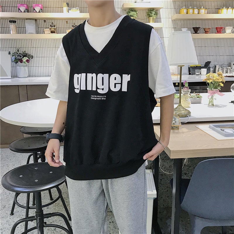 Ins Hong Kong Style Fake Two-Piece Contrast Color Short-Sleeved T-Shirt Men'S Summer Bf Fashionable Loose Student Fashion Brand Half-Sleeved Top - Image 2