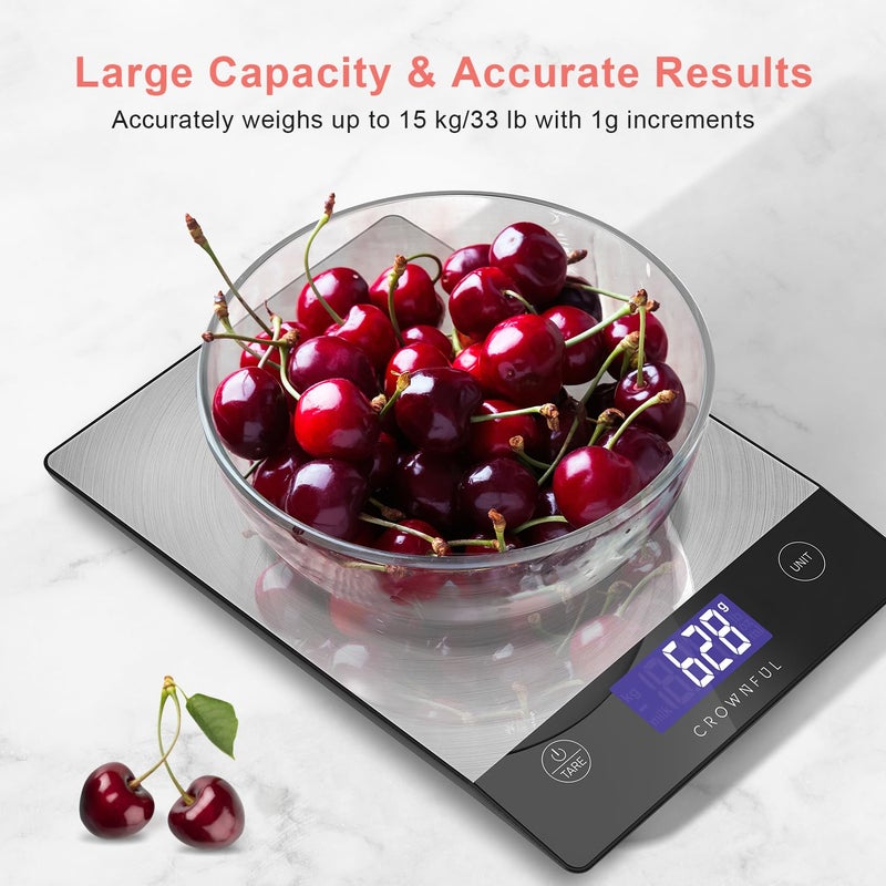 Crownful 15Kg Food Scale, Rechargeable 304 Stainless Steel Digital Kitchen Scale Grams and Ounces with LCD Display and Type-C Charging for Baking and Cooking - Image 3