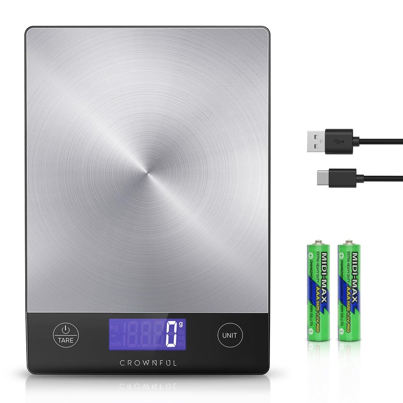 Crownful 15Kg Food Scale, Rechargeable 304 Stainless Steel Digital Kitchen Scale Grams and Ounces with LCD Display and Type-C Charging for Baking and Cooking - Image 1