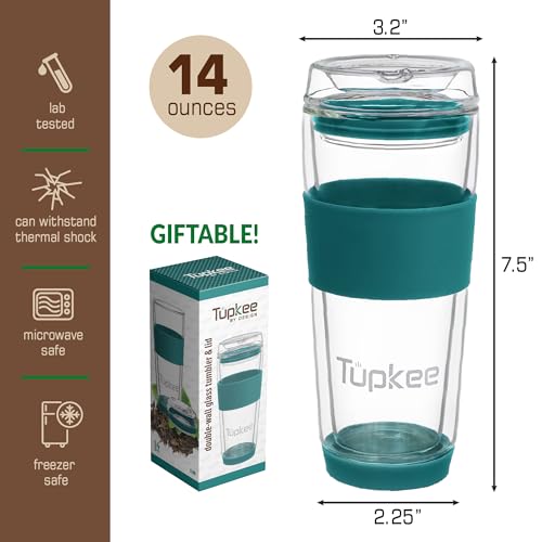 Tupkee Double Wall Glass Tumbler - 14-Ounce, All Glass Reusable Insulated Tea/Coffee Mug & Lid, Hand Blown Travel Mug - Cyan - Image 5
