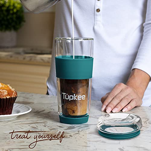 Tupkee Double Wall Glass Tumbler - 14-Ounce, All Glass Reusable Insulated Tea/Coffee Mug & Lid, Hand Blown Travel Mug - Cyan - Image 3