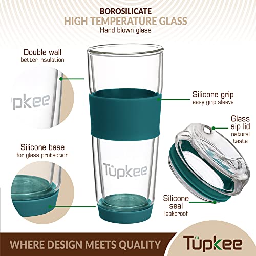 Tupkee Double Wall Glass Tumbler - 14-Ounce, All Glass Reusable Insulated Tea/Coffee Mug & Lid, Hand Blown Travel Mug - Cyan - Image 2