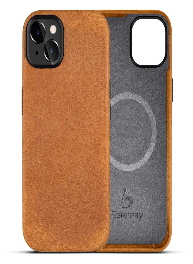 Belemay Compatible with iPhone 15 Leather Case with Magsafe - Top Grain Vintage Crazy Horse Leather - Metal Buttons & Lens Protector - Slim Fit Soft Feel Premium Phone Cover (6.1-inch) Tan Brown - Image 1