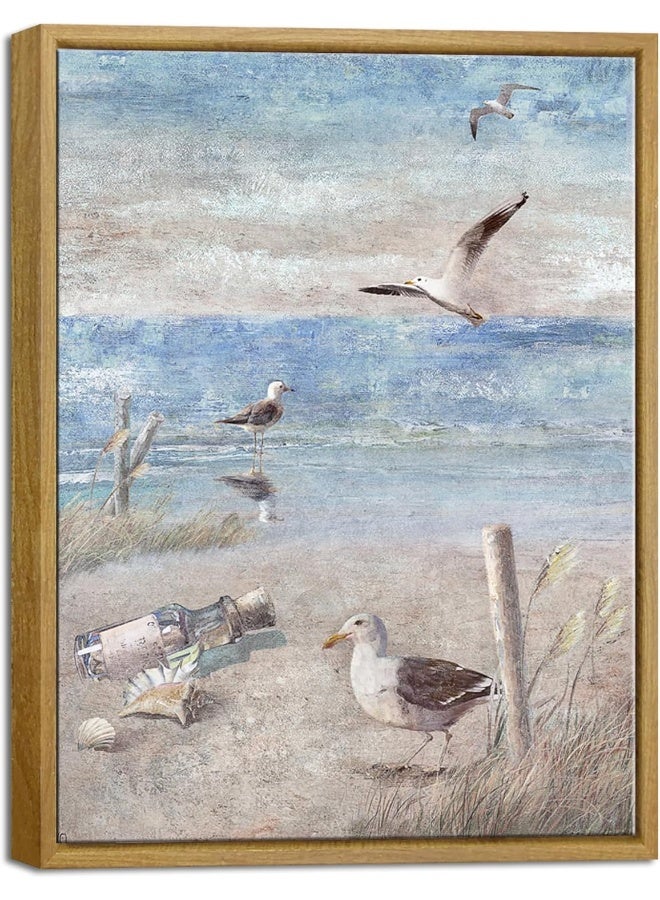 Pyradecor Bathroom Decor Framed Blue Beach Seaside Seagull Picture - Image 1