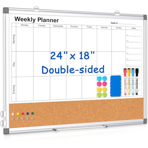 WALGLASS Weekly Dry Erase Calendar Whiteboard for Wall, 24" x 18" Double-Sided Weekly Planner White Board Cork Combo, Hanging & Wall Mount Week Bulletin Board with Notes for Home, Office, School, Kitchen - Image 1