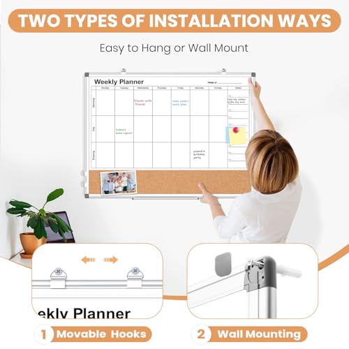 WALGLASS Weekly Dry Erase Calendar Whiteboard for Wall, 24" x 18" Double-Sided Weekly Planner White Board Cork Combo, Hanging & Wall Mount Week Bulletin Board with Notes for Home, Office, School, Kitchen - Image 5