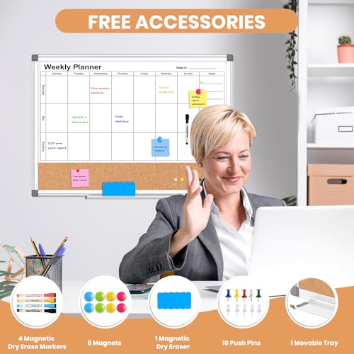 WALGLASS Weekly Dry Erase Calendar Whiteboard for Wall, 24" x 18" Double-Sided Weekly Planner White Board Cork Combo, Hanging & Wall Mount Week Bulletin Board with Notes for Home, Office, School, Kitchen - Image 3