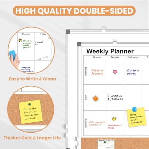 WALGLASS Weekly Dry Erase Calendar Whiteboard for Wall, 24" x 18" Double-Sided Weekly Planner White Board Cork Combo, Hanging & Wall Mount Week Bulletin Board with Notes for Home, Office, School, Kitchen - Image 4