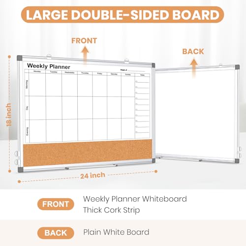 WALGLASS Weekly Dry Erase Calendar Whiteboard for Wall, 24" x 18" Double-Sided Weekly Planner White Board Cork Combo, Hanging & Wall Mount Week Bulletin Board with Notes for Home, Office, School, Kitchen - Image 2