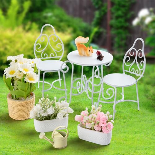 Minamzee 112 Scale Dollhouse Table Chair Sets 9Pcs Metal Miniature Patio Sets Dollhouse Fairy Garden Bistro Outdoor Furniture Accessories with Jasmine Daisies Squirrel and Kettle - Image 1