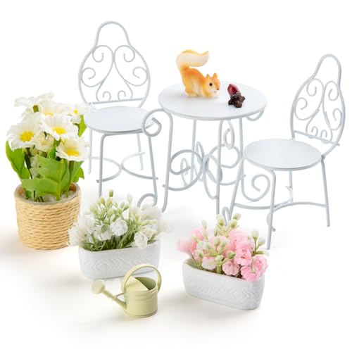 Minamzee 112 Scale Dollhouse Table Chair Sets 9Pcs Metal Miniature Patio Sets Dollhouse Fairy Garden Bistro Outdoor Furniture Accessories with Jasmine Daisies Squirrel and Kettle - Image 5