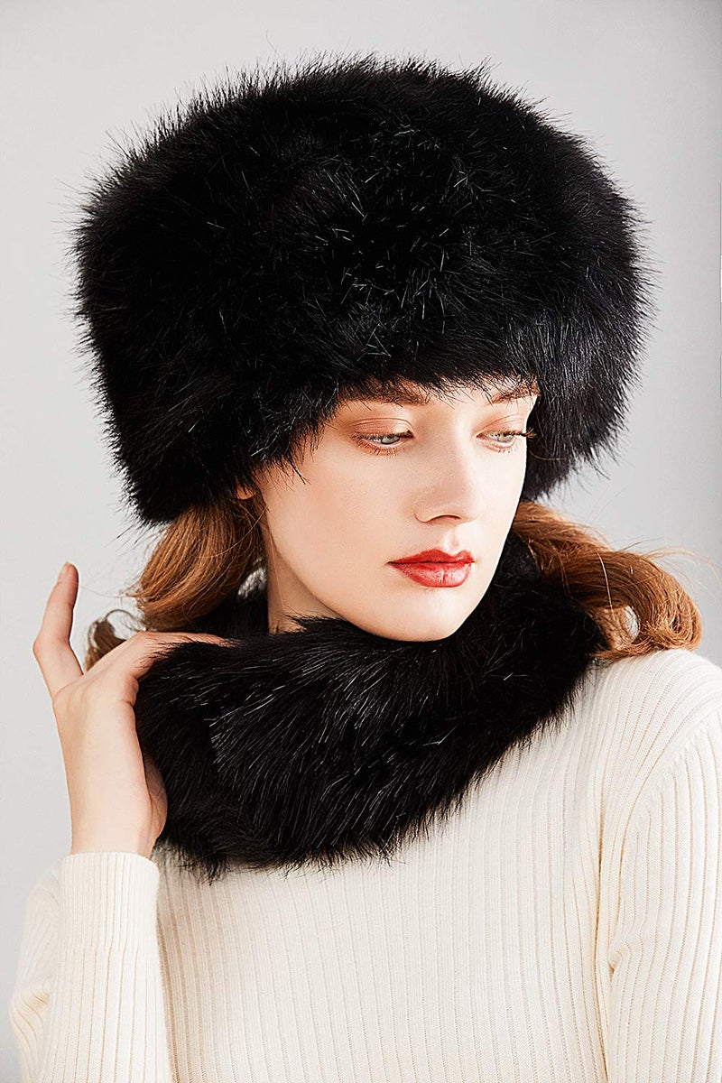 Lovful Faux Fur Women Russian Cossak Hat,Scarf Set for Ladies Winter,Black - Image 4