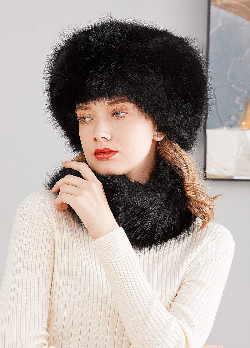 Lovful Faux Fur Women Russian Cossak Hat,Scarf Set for Ladies Winter,Black - Image 3