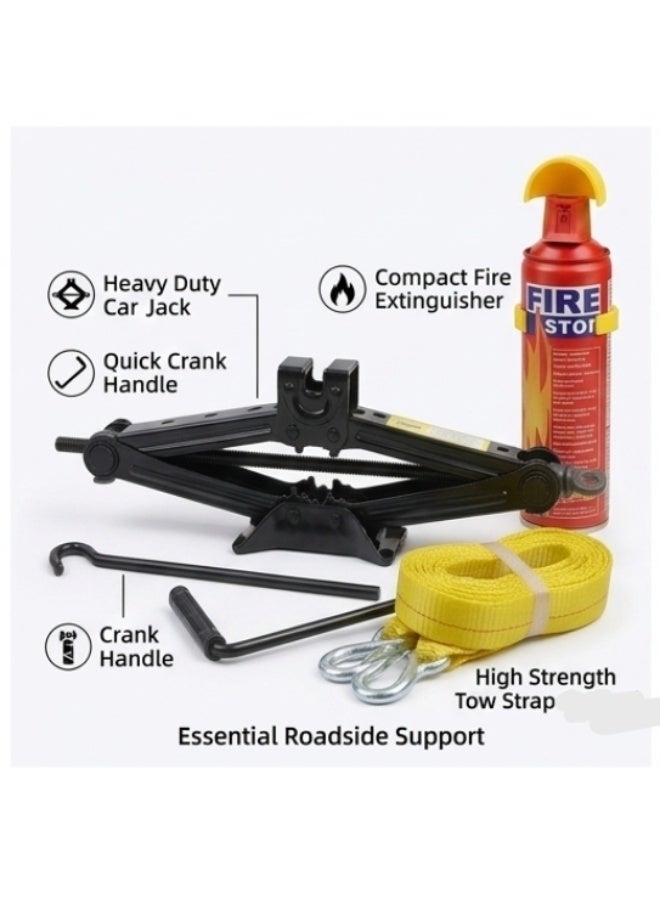 SolidX Car Emergency Kit with First Aid Kit, Scissor Jack, Tow Strap, Warning Triangle & Fire Stop Fire Extinguisher – Complete Roadside Emergency Safety Kit for Cars & Vehicles - Image 2