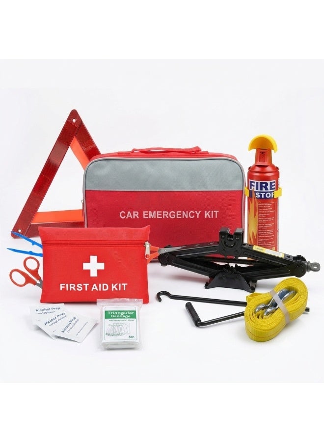 SolidX Car Emergency Kit with First Aid Kit, Scissor Jack, Tow Strap, Warning Triangle & Fire Stop Fire Extinguisher – Complete Roadside Emergency Safety Kit for Cars & Vehicles - Image 1