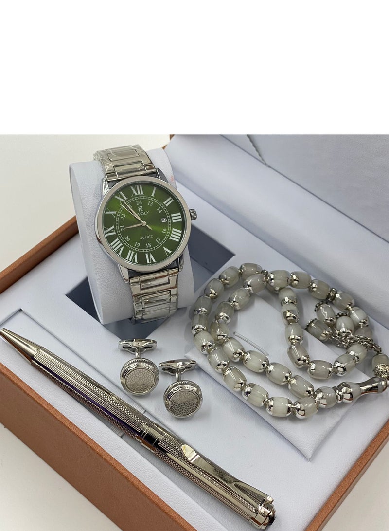 Rivoly Gift Set Men's Watch Set of 4 Pieces Watch with Pen Set of Buttons and Rosary - Image 1