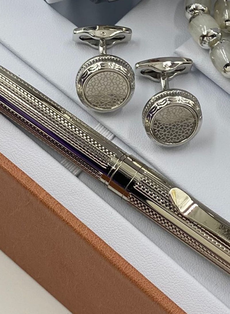 Rivoly Gift Set Men's Watch Set of 4 Pieces Watch with Pen Set of Buttons and Rosary - Image 3