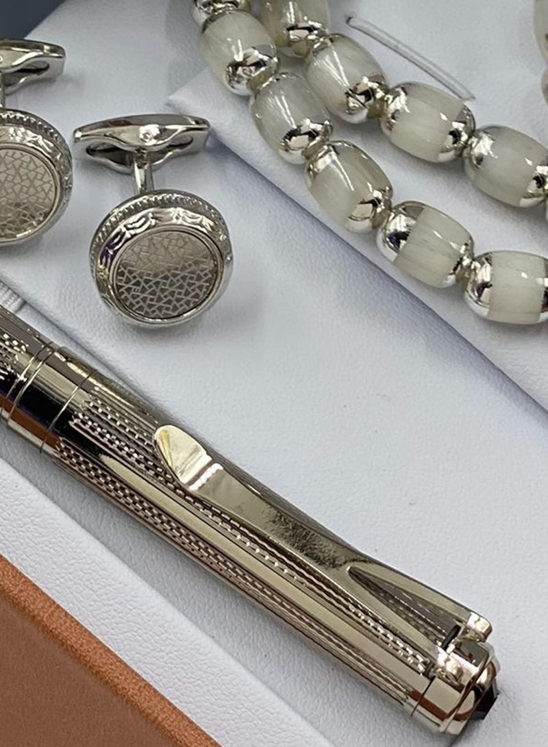 Rivoly Gift Set Men's Watch Set of 4 Pieces Watch with Pen Set of Buttons and Rosary - Image 5