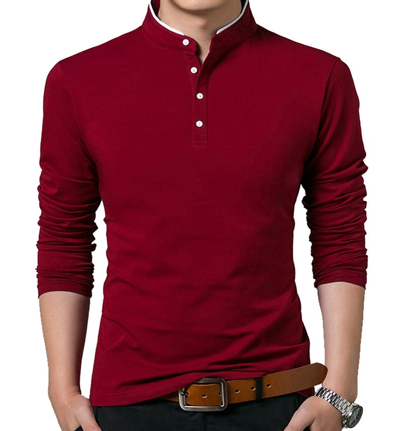 KUYIGO Men's Casual Slim Fit Shirts Long Sleeve Polo Shirt Cotton Button T-Shirts Wine Red X-Large - Image 2