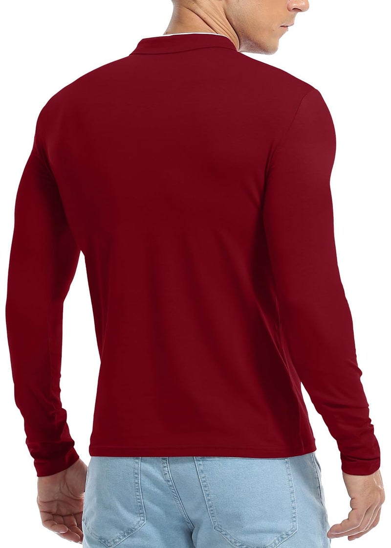 KUYIGO Men's Casual Slim Fit Shirts Long Sleeve Polo Shirt Cotton Button T-Shirts Wine Red X-Large - Image 5