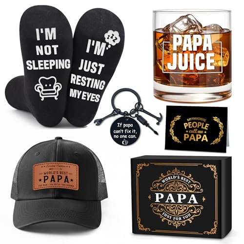 Pradnel Papa Gifts from Grandkids Papa Birthday Gifts for Men Happy Birthday Gift Ideas for Best Papas from Grandson Granddaughter Grandchildren Funny Gift Set for Christmas, Fathers Day with Hat, Wine Glass - Image 1