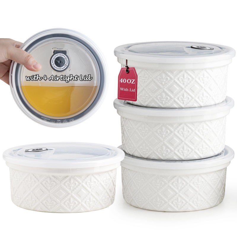MISSYSSIM 40oz Large Ceramic Mixing Bowls with Lids Set of 4, Ramekin Bowls Oven Safe, Serving Bowls with Lids, Meal Prep Containers, Airtight Food Storage Containers Set for Housewarming, White - Image 1