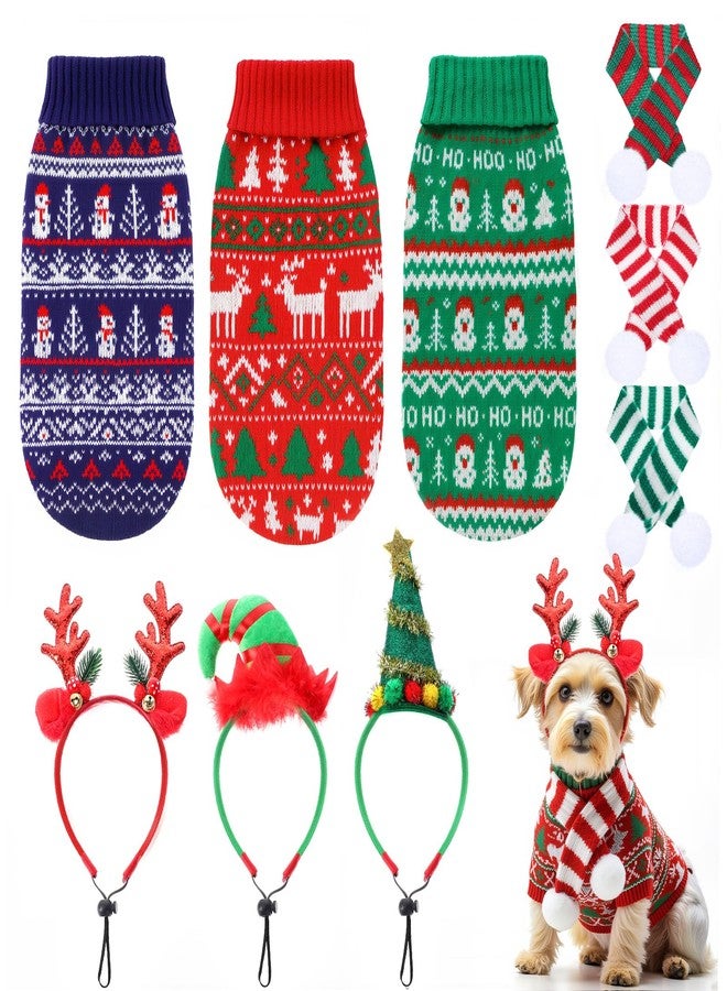 Reginary 9 Pack Dog Christmas Costume Xmas Sweaters Headband Scarf Set Christmas Dog Cat Sweaters Costume Winter Warm Small Dogs Clothes Adjustable Xmas Hair Hoop Headwear for Pet Accessories (L) - Image 1