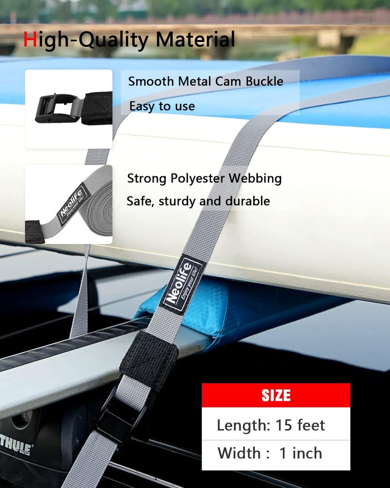 WONITAGO Rack Strap Tie Down Straps for Surfboard SUP Paddleboard Kayak Snowboard and Canoes, 15 Feet (Pair), Black/Yellow/Gray - Image 2