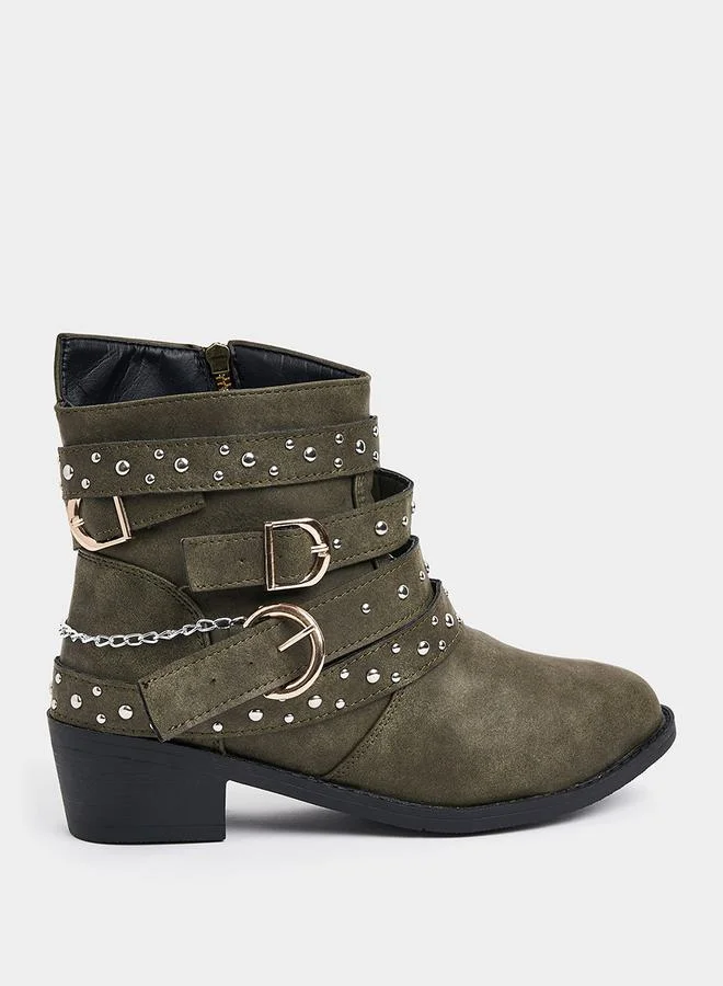 Styli Buckle Embellished Ankle Length Boots
