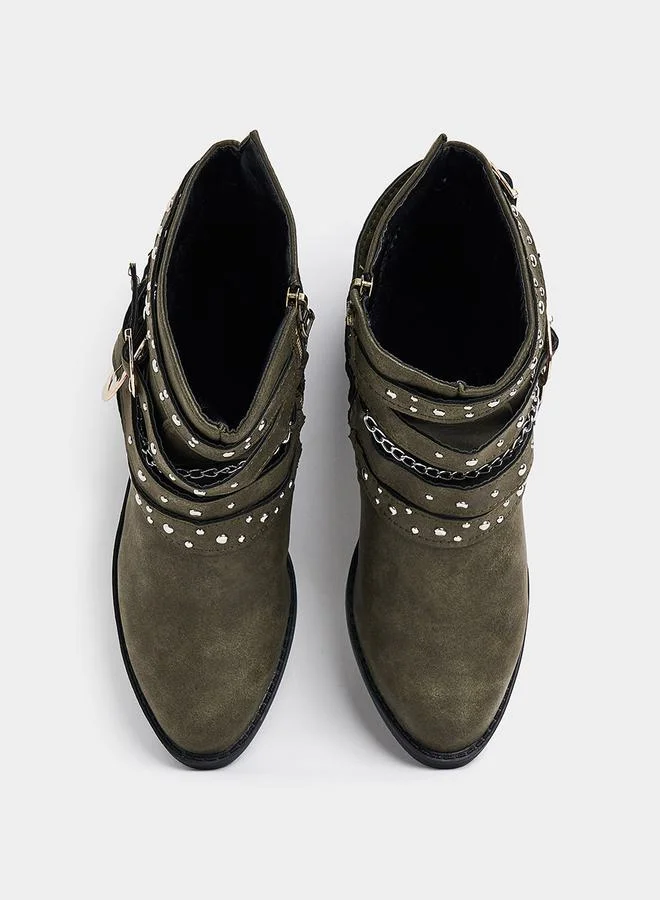 Styli Buckle Embellished Ankle Length Boots