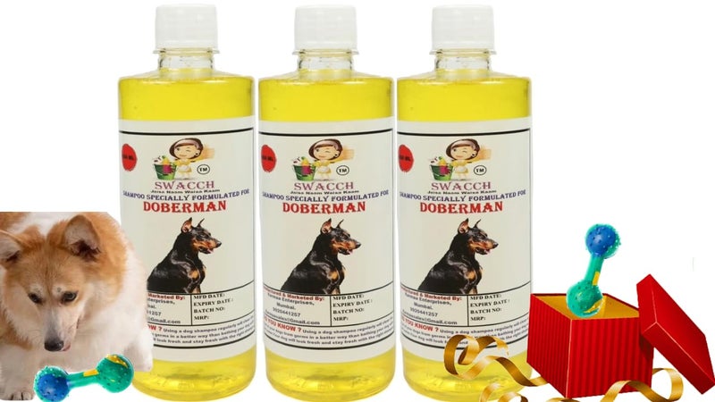 swacch Doberman Dog Shampoo + Dumbbell Toy I Durable Rubber Dog Toy for Chewing I Playing,Teeth Cleaning & Training Toy I Combo Pack I 500ml Pack of 3 Lemon - Image 1