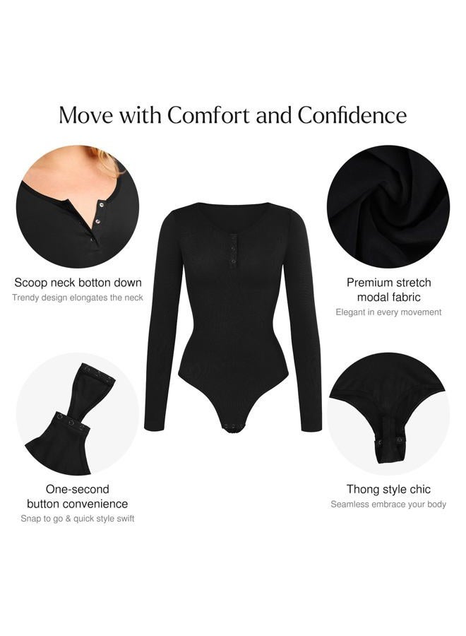 Popilush Modal Long Sleeve Henley Scoop Neck Tummy Control Bodysuit, Black, M/L - Image 4