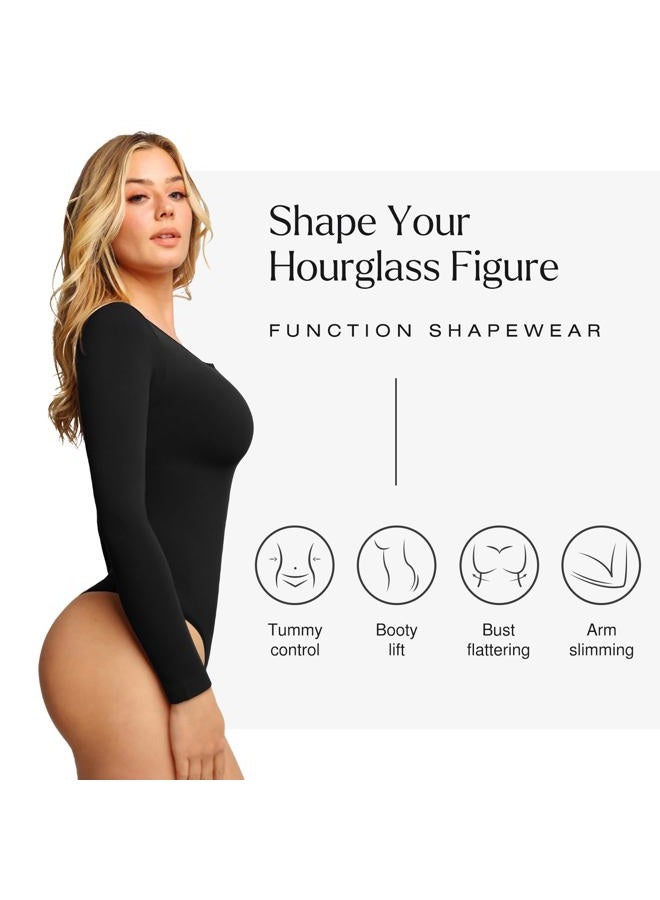 Popilush Modal Long Sleeve Henley Scoop Neck Tummy Control Bodysuit, Black, M/L - Image 5
