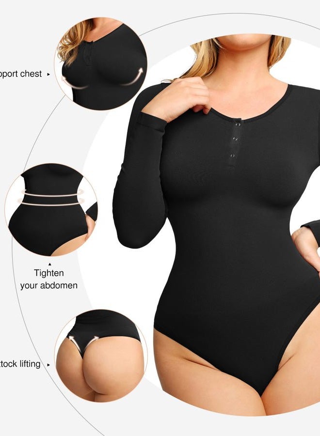 Popilush Modal Long Sleeve Henley Scoop Neck Tummy Control Bodysuit, Black, M/L - Image 3