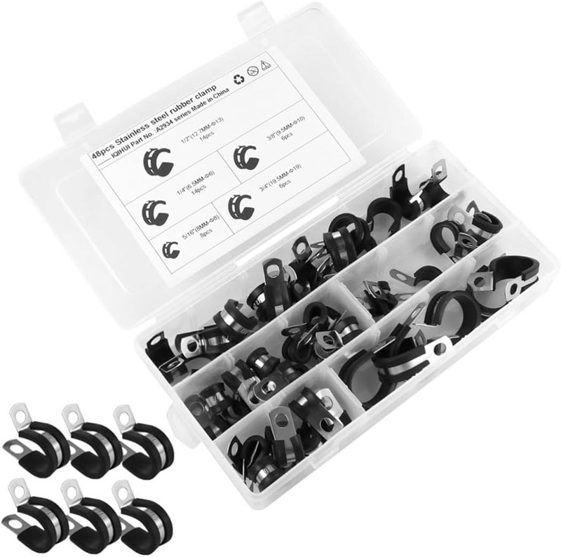 Stainless Steel Cable Clamps 48Pcs with Rubber Cushion for Automotive Household Wiring Pipe Management - Image 2