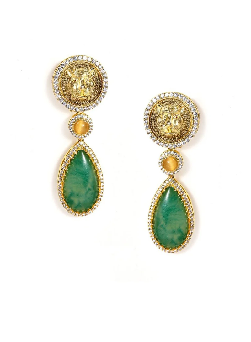 Priyaasi -Plated AD-Stone Studded Tiger Faced Teardrop Shaped Drop Earrings
