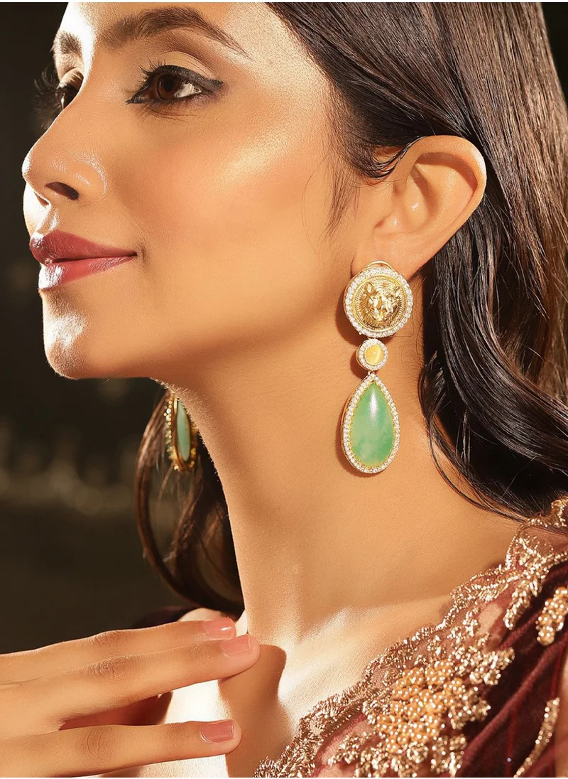 برياسي -Plated AD-Stone Studded Tiger Faced Teardrop Shaped Drop Earrings