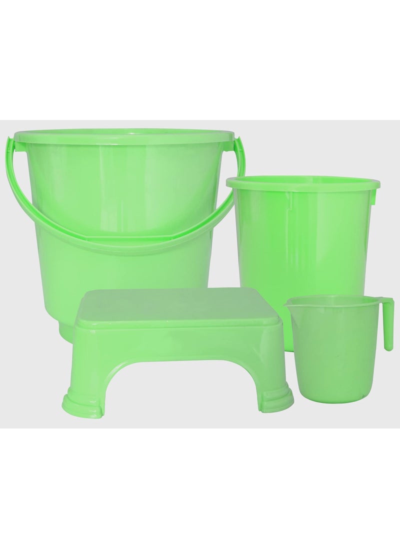 Kuber Industries Kuber Industries 4 Pieces Unbreakable Virgin Plastic Multipurpose Bucket Dustbin Mug Stool Set Green  - Image 1