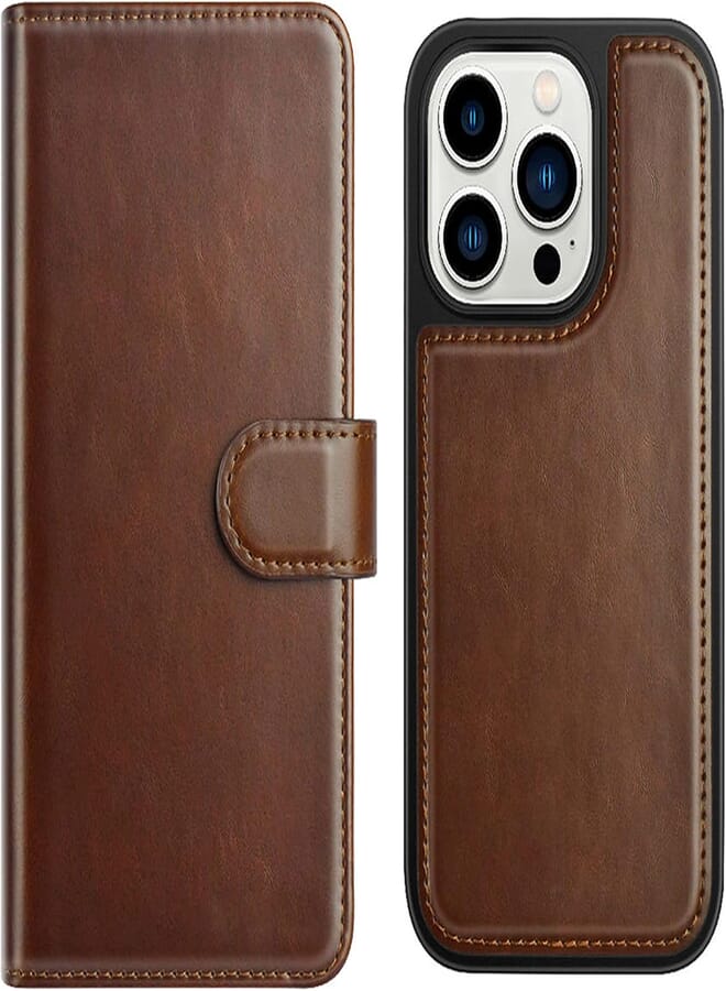 PULOKA PULOKA iPhone 14 Pro Leather Flip Cover Case | 2 in 1 Detachable Wallet Case with Card Holder for iPhone 14 Pro - Brown