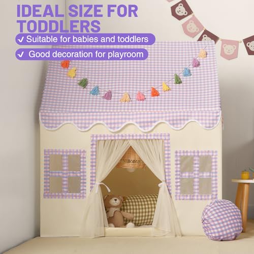 Senodeer Kids Play Tent Indoor: Mat, Tassel Garland, Star Lights - Purple Checkered Girls Tent Playhouse for Toddlers Kids Toys for Boy Girl Birthday Gift - Image 5