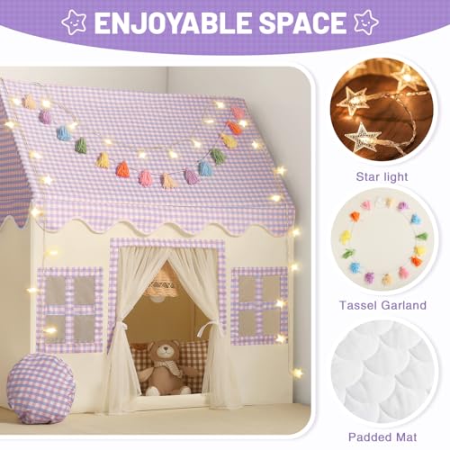 Senodeer Kids Play Tent Indoor: Mat, Tassel Garland, Star Lights - Purple Checkered Girls Tent Playhouse for Toddlers Kids Toys for Boy Girl Birthday Gift - Image 3