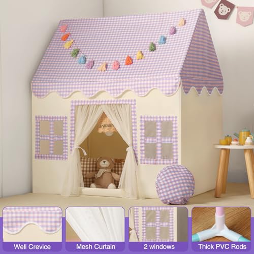 Senodeer Kids Play Tent Indoor: Mat, Tassel Garland, Star Lights - Purple Checkered Girls Tent Playhouse for Toddlers Kids Toys for Boy Girl Birthday Gift - Image 4