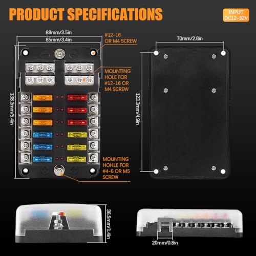 STHIRA® HIRA 12V Car Fuse Box Kit - 12-Way Blade Fuse Block with LED Indicator,Waterproof Compact Design,Universal Holder for Auto Truck Boat (Includes Plastic Cover & Mini Fuses) - Image 2